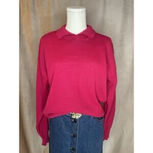 Vtg Claire Thomson Pink Collared Knit Sweater Large USA Grandmacore Barbie 90s